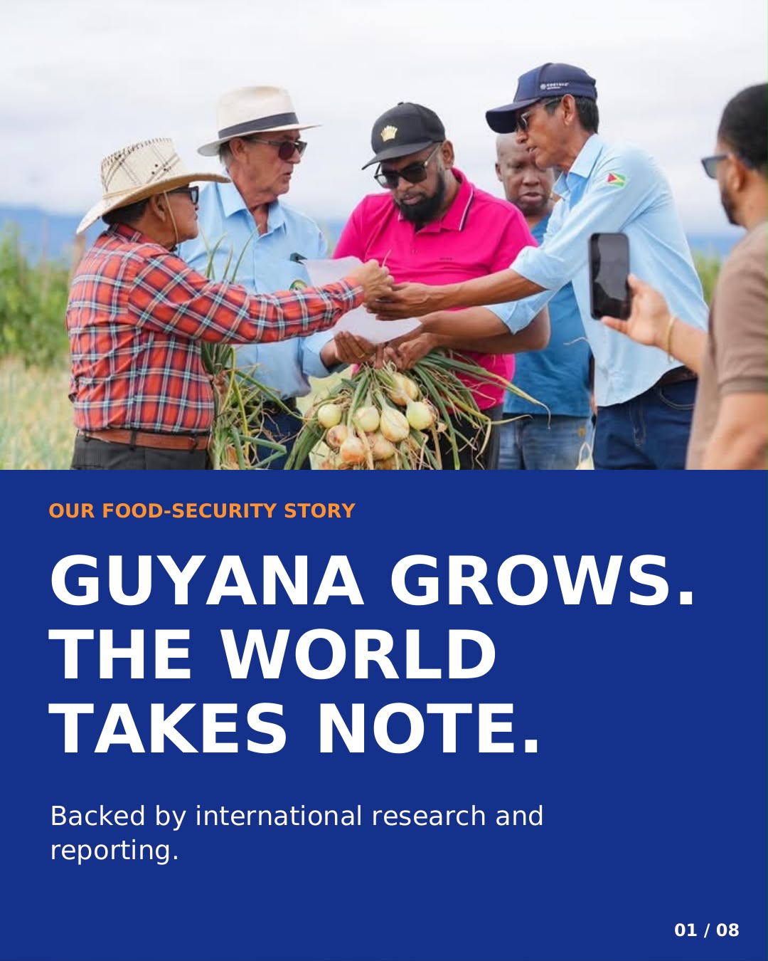 Our food-security story. Guyana grows. The world takes note. Backed by international research and reporting. Photo: farmers and officials with freshly harvested onions in a field.